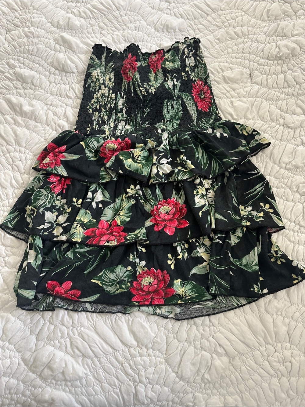 Denim & Supply Ralph Lauren Black Tiered Skirt with Red Floral Print